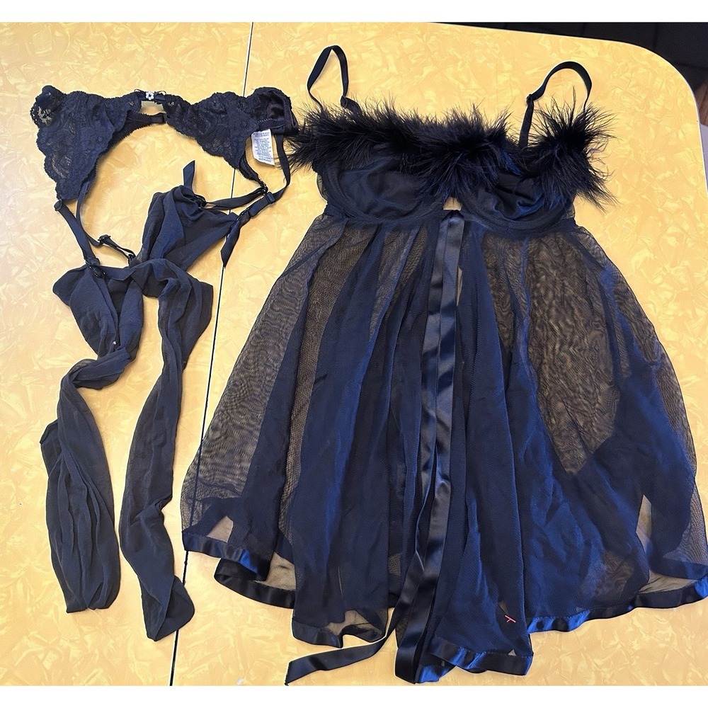 VTG 90s Sears Sheer Black Babydoll Feather Trim W/ Garter Belt Womens M